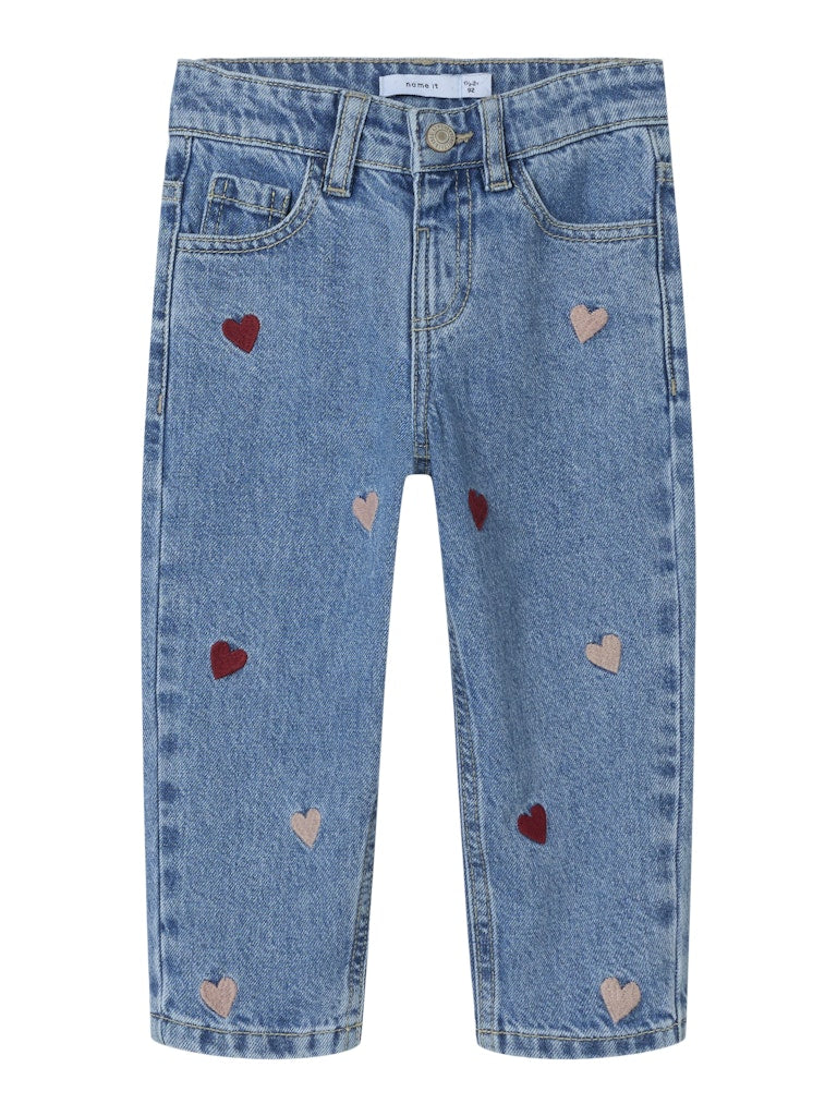 Name it - Jeans mit Herzen 'NMFBELLA MOM EMB JEANS 3285-BE NOOS - Medium Blue Denim HEART SMILE'