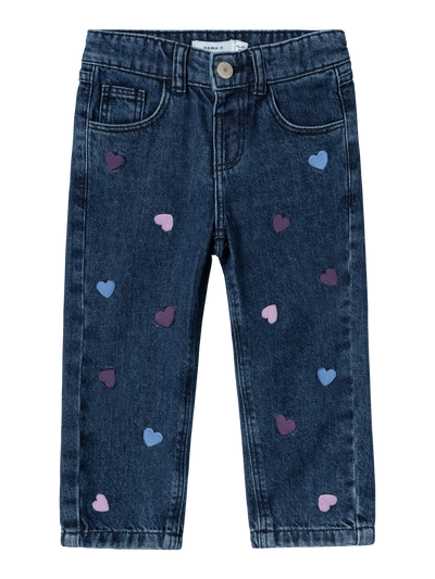 Name it - Jeans mit Herzen 'NMFBELLA MOM JEANS 3110-BE NOOS - Dark Blue Denim HEART EMBROIDERY'